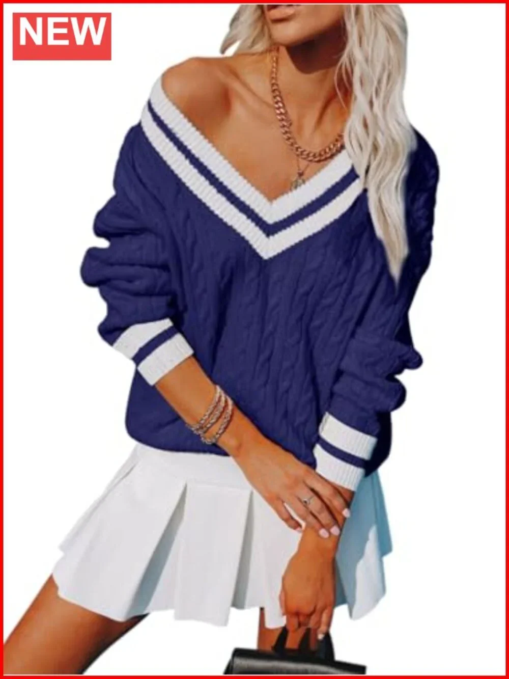Womens V Neck Oversized Cable Knit Pullover Sweater Long Sleeve Chunky Tunic